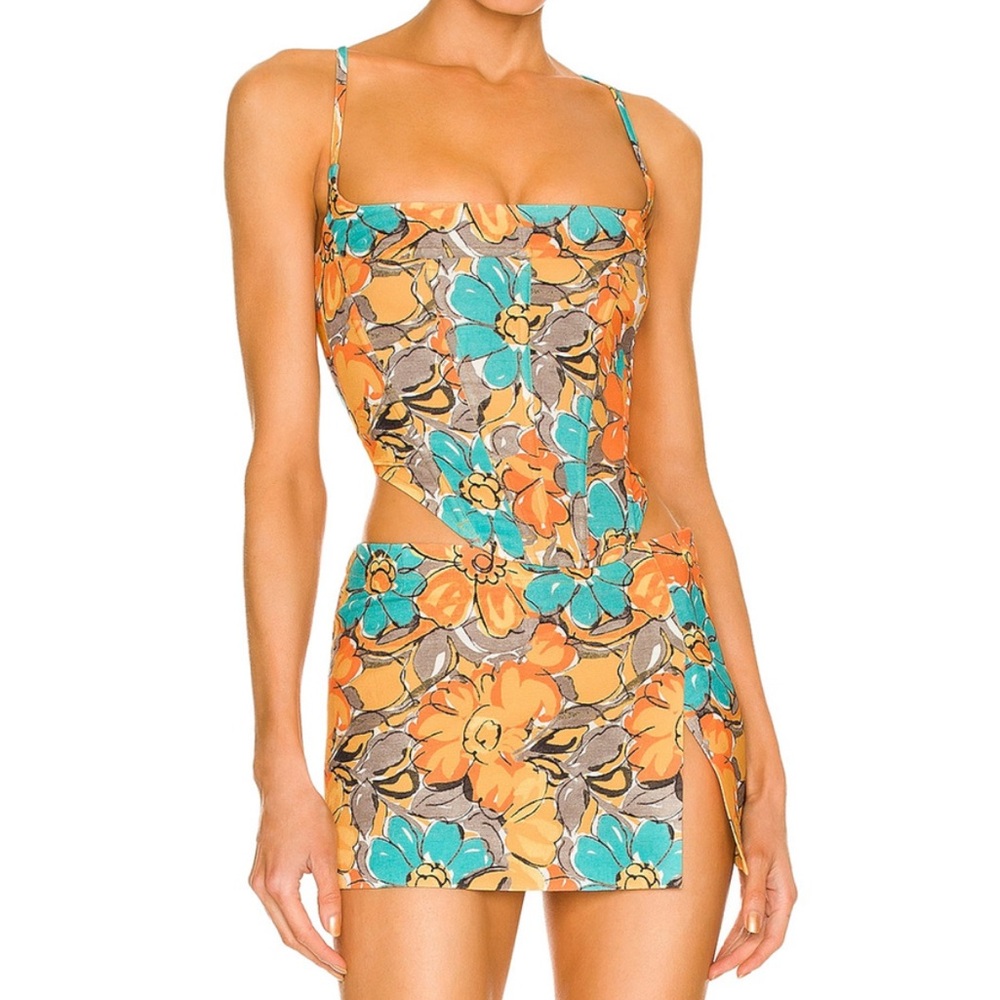 Miaou V Corset Top and Micro Mini Skirt in Parisian Flower Orange